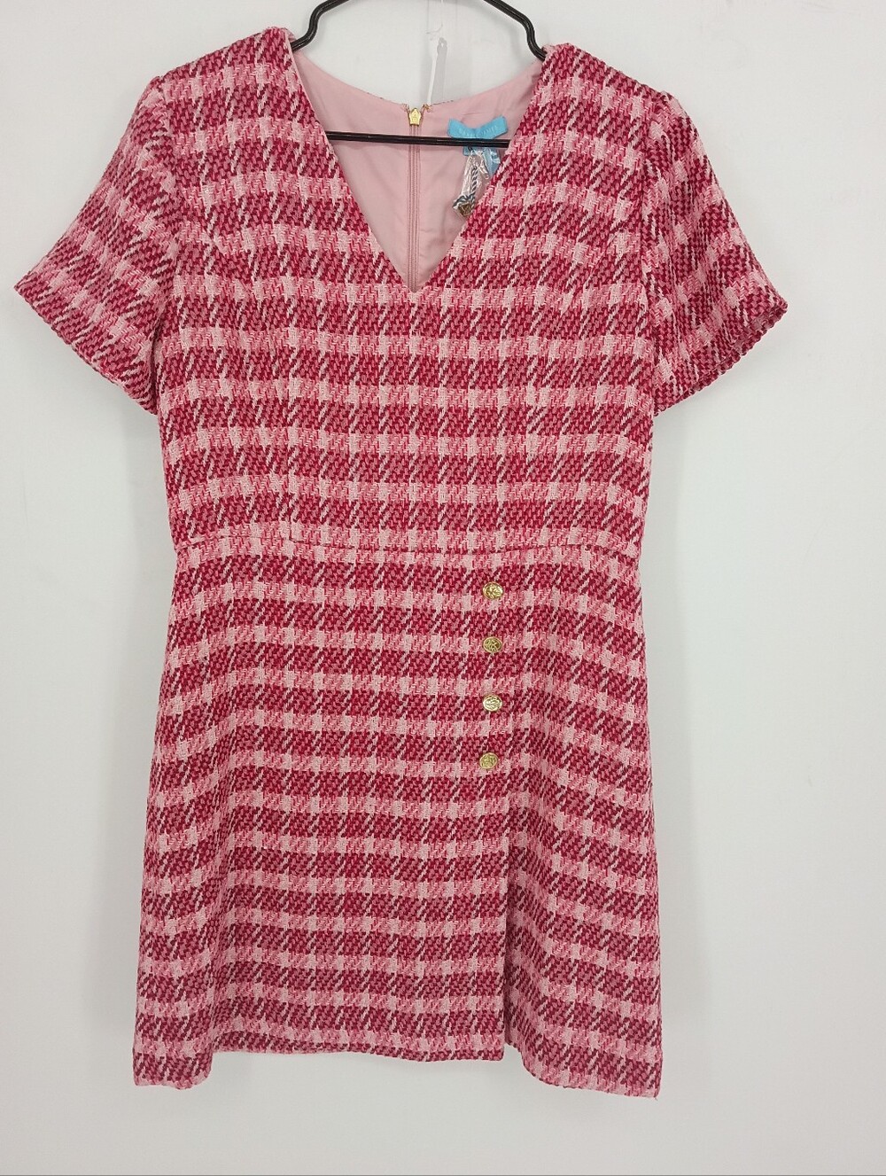 Draper James Pink Plaid V-Neck Short Sleeve Tweed Mini Dress with Gold Buttons